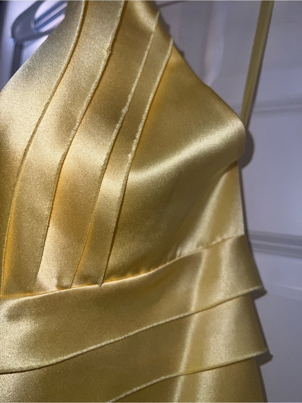 BCBGMaxAzria Yellow Satin Strapless Tiered Halter Dress - Picture 3 of 7